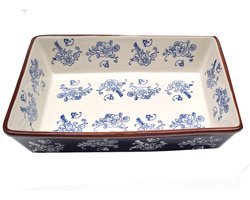 blauwe aardewerk ovenschaal met bloemen Rechthoek Medium 30 x 20 x 7 cm 2 L