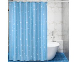 Blauwe Douchegordijn met Verzwaarde Zoom 240cm Daalhoogte - Waterdicht en Antimimmel Polyester Badkamer Gordijn met Sterrenpatroon (200x200cm) voor Natruimtes