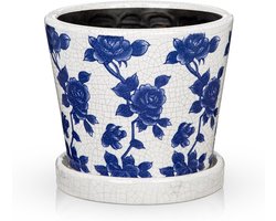 Blauwe en Witte Keramische Plantenpot met Afvoergat & Onderzetter, 14 cm Bloempot voor Binnen en Buiten Planten, Plantenbak van Geritst Porselein voor Huisplanten, Vetplanten, Kruiden en