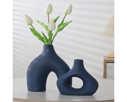 Blauwe keramische vaas - Set van 2 voor moderne wooncultuur - Donut-vazen voor pampasgras - Neutrale boho-Scandinavische minimalistische stijl - Bloemenvazen voor woonkamer en bruiloft