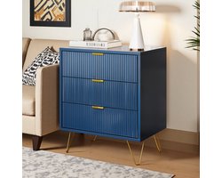 Blauwe Ladekast met 3 Lades 60x40x70 cm – Moderne Commode met Gouden Poten, Nachtkastje of Opbergkast voor Slaapkamer en Woonkamer