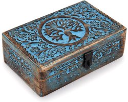 Blauwe mangohouten sieradendoos met levensboomgravure - Handgemaakt - Dames en heren - Woondecoratie - Decoratieve opbergdoos Houten kistje