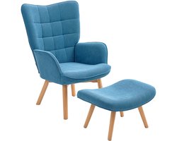 Blauwe Oorfauteuil met Voetenbank 72 x 80 x 101 cm, Relaxfauteuil, Lounge Stoel met Getuft Design, Cordbekleding, Armleuningen en Houten Poten, Comfortabele Leesstoel voor Woonkamer en Slaapkamer, Belastbaar tot 150 kg