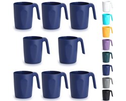 Blauwe plastic koffiekopjes set van 8 450 ml, plastic koffiekopjes met handvatten, herbruikbare waterbekers, gemakkelijk mee te nemen, ideaal voor thuis, tuin, picknick, camping
