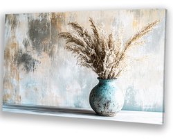 Blauwe rustieke vaas met pluimen - Stilleven canvas kunst - Canvas vaas - Japandi - Wanddecoratie industrieel - Wanddecoratie woonkamer - Canvas 150x100 cm