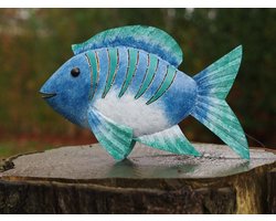 Blauwe vis in metaal 31 cm hoog - metal - art - beeld - kleurrijk - tuinbeeld - decoratiefiguur - interieur - exterieur - accessoire - voor binnen - voor buiten - cadeau - geschenk - gift - verjaardag - nieuwjaar - kerst