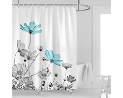 Blauwgroene en grijze bloemendouchegordijn 152 cm B x 183 cm L Grijswit madeliefjesmotief Elegant wildbloemenontwerp Boerderij Polyester stof Waterdicht 12 stuks Plastic haken