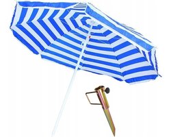 Blauw/wit gestreepte strand/camping parasol - Dia 165cm - met grondpen/haring - Verstelbaar - Stokparasol - Strandparasol