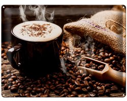 Blechschild Trinken 30x40 cm dampfender Kaffee und Kaffeebohnen Deko Schild