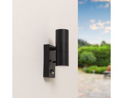 Blenda wandlamp - Zwart - Bewegingsmelder en schemerschakelaar - IP44 spatwaterdicht - Up & Downlight voor buiten - Exclusief GU10 lichtbronnen