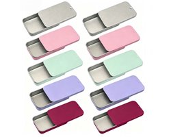 Blikken doosjes - 10 stuks - Schuifdeksel - Opbergdoosjes - Metalen blikken doosjes - Geschikt voor het bewaren van snoep en andere kleine spullen - Zilver, roze, groen, paars, roodroze - 6 x 3,4 x 1,1 cm