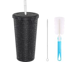Bling Rivets Beker met Glitters, Deksel en Rietje, 480 ml Bling Waterfles met Strass Steentjes, Thermosbeker van Roestvrij Staal, Diamanten Beker met Rietje, Glitter Koffiemok voor Vrouwen Zwart.