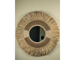 Blitzdeco - Wandspiegel - Bora - Raffia en Kralen - Beige - Handgemaakt Uniek - 70CM