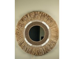 Blitzdeco - Wandspiegel - Manon - Raffia, Kralen, Schelpen - Beige/Wit - Handgemaakt - 70CM