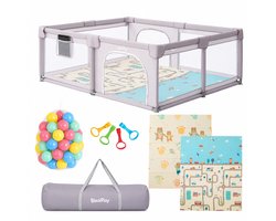 BlockPlay Grondbox Baby 150x180 cm XXL - Baby Park - Speelbox - Kinderbox - Speelmat Baby - Baby Box - Ballenbak met 50 Speelballen - Draagtas - 4 Optrekhendels - Playpen - Kruipdeur - Stad