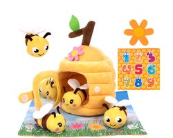 Bloem Bijenkorf Babyspeelgoed met 5 Sensorische Bijtjes - Montessori Knuffel Speelset met Rammelaar, Knisperpapier & Spiegel - Educatief Speelgoed voor Baby & Peuter 0-3 Jaar