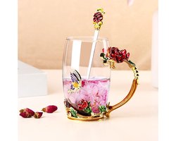 Bloem Glazen Theekopje met Emaille - Rozen Drinkbeker met Lepel en Handgrepen - Koffiebeker voor Verjaardag, Valentijnsdag, Moederdag, Huwelijksverjaardag (Rood Hoog)