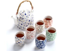 Bloem porseleinen theeset met theepot, vintage Chinees keramiek theeservies met rotan handvat