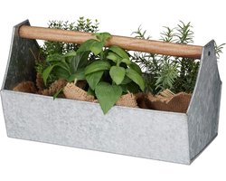 Bloembak met houten handvat - planten en kruiden - decoratieve gereedschapskist - 20 x 36 x 20 cm zilver