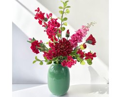 Bloemboetiek Burlesque – Kunstbloemen - Zijden bloemen boeket – Luxe kunstbloemen plukboeket – Donkerroze, rood, roze en groen – 65 cm – 11 stelen – Vaas niet inbegrepen