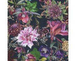 Bloemen behang Profhome 381756-GU glad vliesbehang zonder structuur met bloemmotief mat zwart paars roze groen 5,33 m2