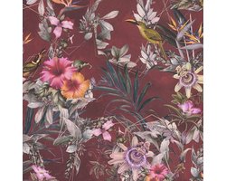 Bloemen behang Profhome 381785-GU glad vliesbehang zonder structuur met bloemmotief mat rood olijfgroen roze oranjegeel 5,33 m2
