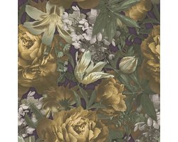 Bloemen behang Profhome 385092-GU vliesbehang hardvinyl warmdruk in reliëf glad met bloemen patroon mat geel groen violet grijs 5,33 m2