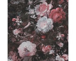 Bloemen behang Profhome 388214-GU vliesbehang hardvinyl warmdruk in reliëf licht gestructureerd met bloemmotief glanzend zwart roze wit zilver 5,33 m2