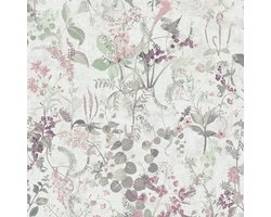 Bloemen behang Profhome 388251-GU vliesbehang hardvinyl warmdruk in reliëf gestructureerd met bloemmotief mat wit groengrijs roze parelmoer-donkerviolet 5,33 m2