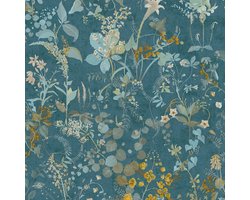 Bloemen behang Profhome 388253-GU vliesbehang hardvinyl warmdruk in reliëf gestructureerd met bloemmotief mat blauw petrol geel groen 5,33 m2