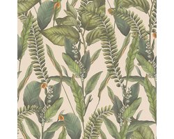 Bloemen behang Profhome 394132-GU vliesbehang hardvinyl warmdruk in reliëf licht gestructureerd in jungle stijl mat crème groen oranje 5,33 m2