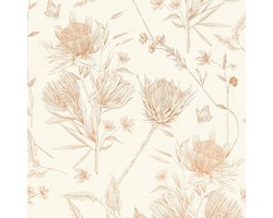 Bloemen behang Profhome 394271-GU vliesbehang hardvinyl warmdruk in reliëf licht gestructureerd met bloemmotief mat wit bruin beige oranje 5,33 m2