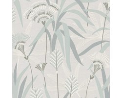 Bloemen behang Profhome 399363-GU vliesbehang licht gestructureerd met riet en metalen accenten grijs blauw groen 5,33 m2