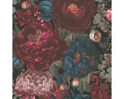 Bloemen behang Profhome 399791-GU vliesbehang hardvinyl warmdruk in reliëf glad met bloemmotief mat zwart blauw wijnrood olijfgroen 5,33 m2