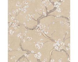 Bloemen behang Profhome 781992-GU vliesbehang hardvinyl warmdruk in reliëf gestructureerd met bloemmotief mat beige crèmewit grijsbruin pasteloranje 5,33 m2