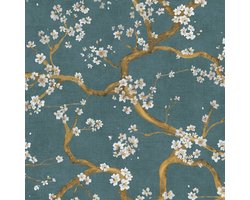 Bloemen behang Profhome 781994-GU vliesbehang hardvinyl warmdruk in reliëf gestructureerd met bloemmotief en metalen accenten blauw petrol goud crèmewit 5,33 m2