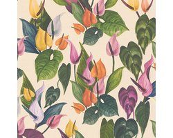 Bloemen behang Profhome 782101-GU vliesbehang hardvinyl warmdruk in reliëf glad met bloemmotief mat ivoor groen paars blauw 5,33 m2