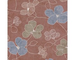 Bloemen behang Profhome 791471-GU vliesbehang hardvinyl warmdruk in reliëf licht gestructureerd met bloemmotief mat rood blauw bruinbeige olijfgroen 5,33 m2