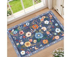 Bloemen Deurmat voor de Kinderkamer – Boho Bloemen Vloerkleed – Antislip Laagpolig Kleed voor Hal, Keuken en Entree (40*60cm, Blauw)