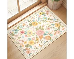 Bloemen Deurmat voor de Kinderkamer – Boho Bloemen Vloerkleed – Antislip Laagpolig Kleed voor Hal, Keuken en Entree (40*60cm, Gebroken Wit)