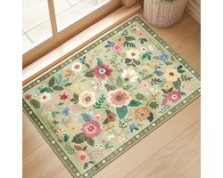 Bloemen Deurmat voor de Kinderkamer – Boho Bloemen Vloerkleed – Antislip Laagpolig Kleed voor Hal, Keuken en Entree (40*60cm, Groen)