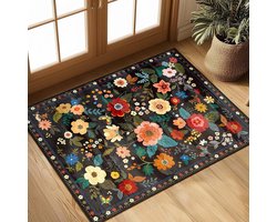 Bloemen Deurmat voor de Kinderkamer – Boho Bloemen Vloerkleed – Antislip Laagpolig Kleed voor Hal, Keuken en Entree (50*80cm, Zwart)