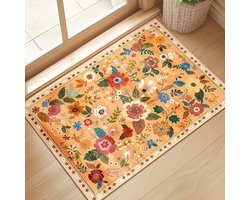 Bloemen Deurmat voor de Kinderkamer – Boho Bloemen Vloerkleed – Antislip Laagpolig Kleed voor Hal, Keuken en Entree (60*90cm, Oranje)