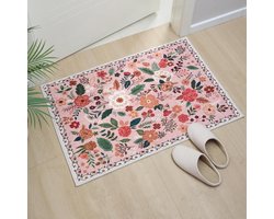 Bloemen deurmat, waterabsorberend, vuilbestendig, Boheemse stijl antislip deurmat, machinewasbaar, geschikt voor keuken, entree, badkamer, kinderkamer, 50×80cm, Roze
