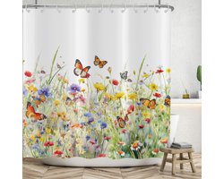 Bloemen douchegordijn, 180 x 180 cm, lente, aquarel, geel, paars, roze, kleurrijk, bloemen, vlinder, wit, badkamer, wasbaar, polyester textiel, waterdicht, badgordijn voor de badkuip, met 12