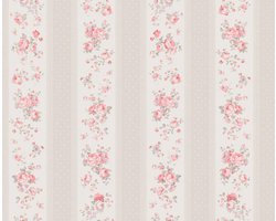 BLOEMEN IN STREPEN BEHANG | Engelse stijl - taupe wit rood - A.S. Création Maison Charme