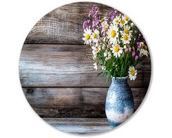 Bloemen in vaas op hout - Bloemen wandcirkels - Wandpaneel natuur - Stilleven - Forex cirkels aan de muur - Woonkamer schilderijen - Muurcirkel forex 50x50 cm