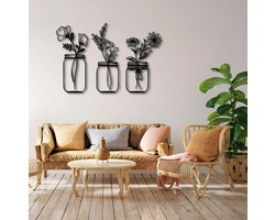 Bloemen muurdecoratie 3 stuks - Wanddecoratie - Deco - Zwart - Hout - Decoratie - Art - Muurdecoratie - Line art - Wall art - Wandborden - Bohemian - kerst - kerstcadeau - wandecoratie woonkamer - kerstgeschenk - Moederdag cadeautje - Moederdag