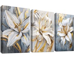 Bloemen muurdecoratie - Canvas schilderij set - Woonkamer decoreren - Houten lijst - 50x70 cm - Grijze lelies