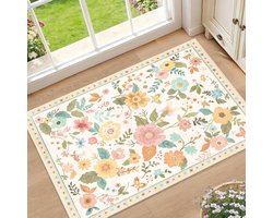Bloemen Vloermat 60x90cm Fluweel Tapijt Wasbaar Boheemse Beige Woonkamer Keuken